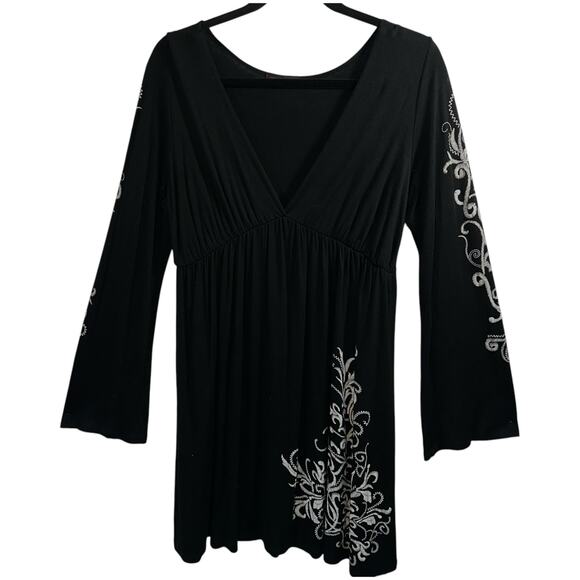 Crimson Ivy Babydoll Short Dress Sz L Deep V Neck Graphic Print Y2K Stretchy - Picture 10 of 11